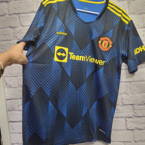 NWT Adidas Manchester United Jersey Size L Blue Yellow Team Viewer Soccer Away - Picture 4 of 9